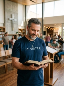 Male Christian minister wearing a navy “MINISTER” t-shirt and silver cross necklace while reading an open Bible inside a modern church gathering space with people in the background.