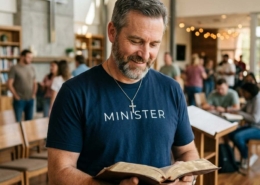 Male Christian minister wearing a navy “MINISTER” t-shirt and silver cross necklace while reading an open Bible inside a modern church gathering space with people in the background.
