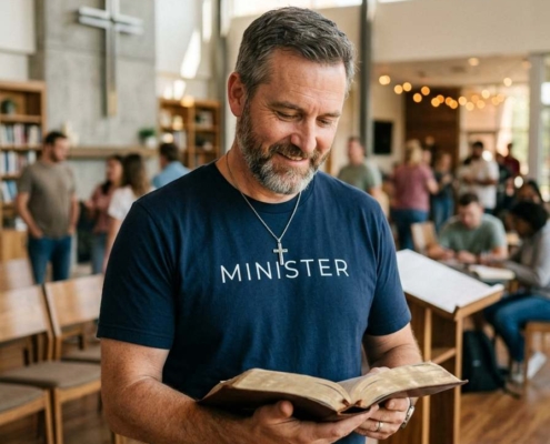 Male Christian minister wearing a navy “MINISTER” t-shirt and silver cross necklace while reading an open Bible inside a modern church gathering space with people in the background.