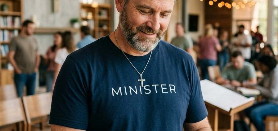 Male Christian minister wearing a navy “MINISTER” t-shirt and silver cross necklace while reading an open Bible inside a modern church gathering space with people in the background.