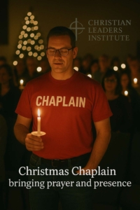 Christmas Chaplain bringing prayer and presence during a candlelight service.