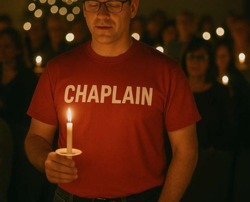 Christmas Chaplain bringing prayer and presence during a candlelight service.