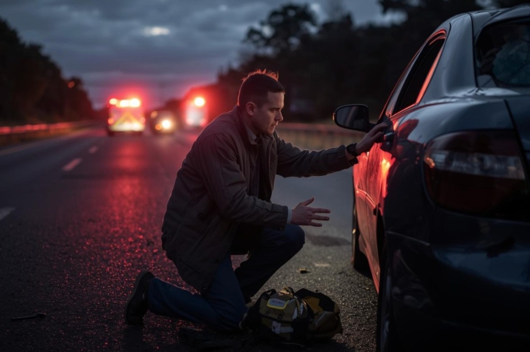 Man assisting at roadside emergency near car with emergency vehicles in background.