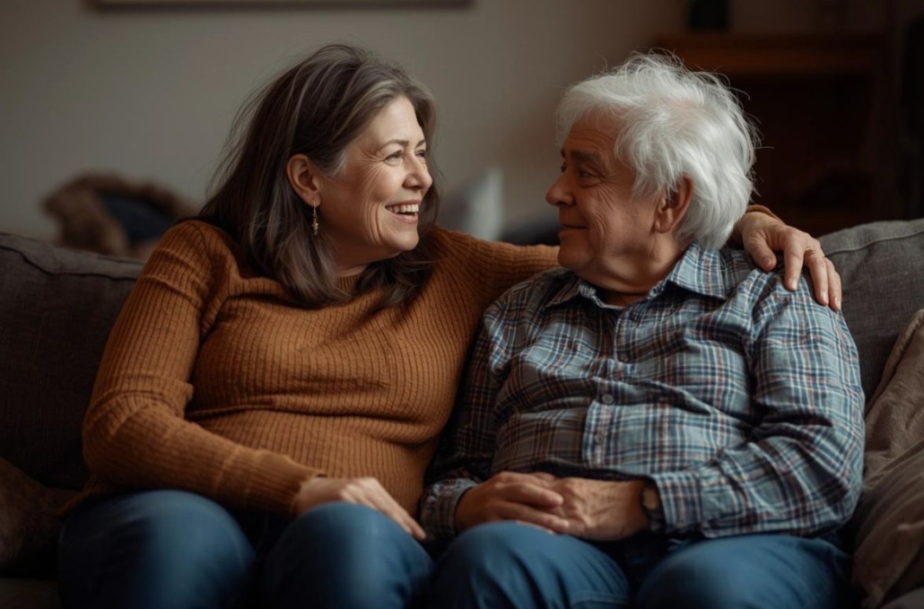 Woman comforting elderly person on couch at home.