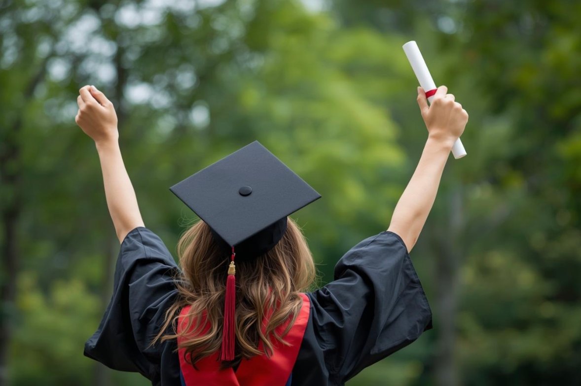 Graduate celebrating with diploma outdoors in cap and gown.