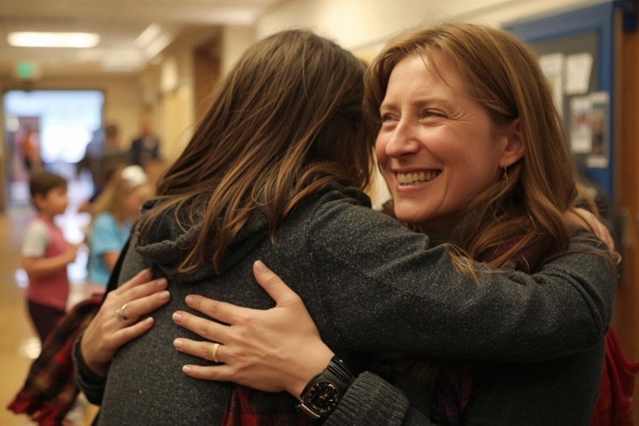 Two women embracing in a school hallway showing comfort and support.