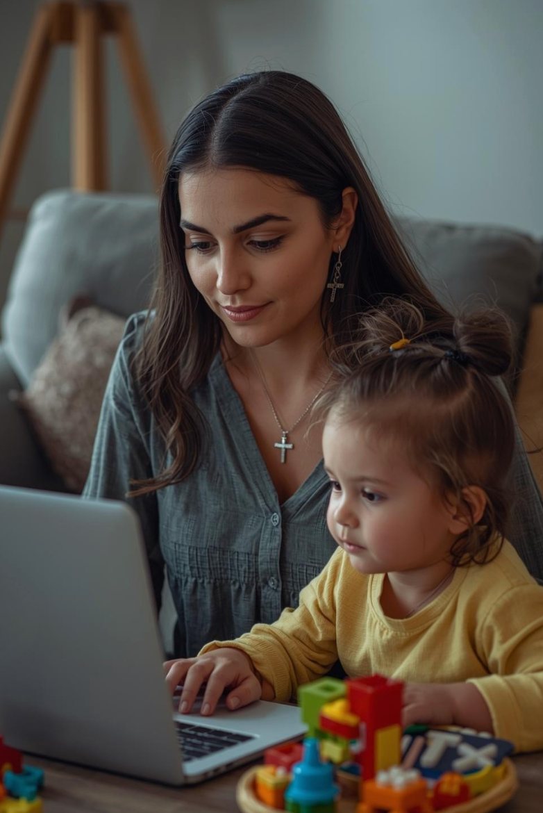 Mother working on laptop at home with toddler beside her.