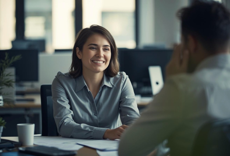 Woman listening compassionately to coworker during office conversation.