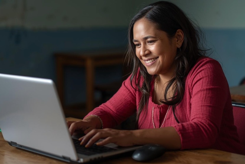 Smiling woman using a laptop for online learning at home