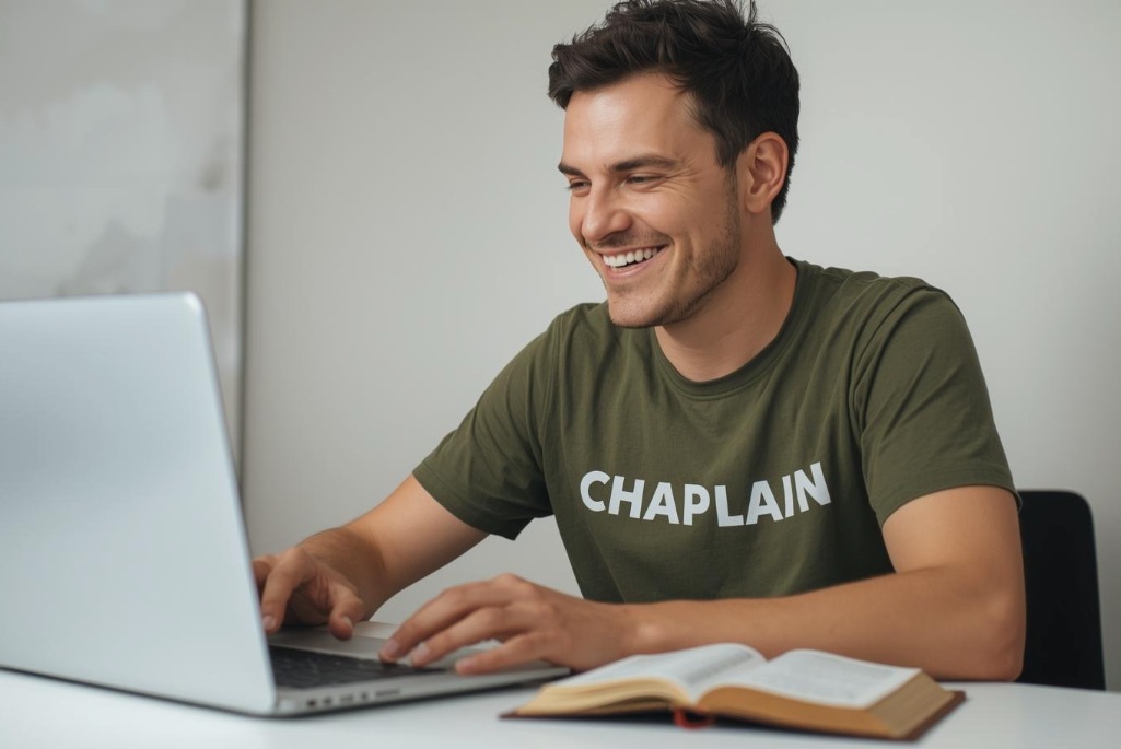Man wearing a “CHAPLAIN” shirt studying online chaplain training on a laptop with a Bible open on the desk