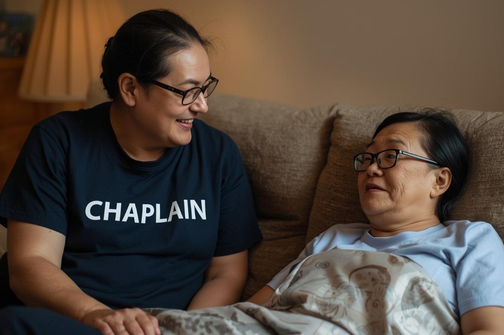 Hospice chaplain visiting patient at home, providing compassionate spiritual care and emotional support