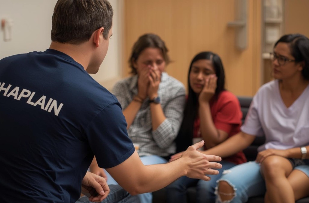Hospital chaplain providing emotional and spiritual support to a grieving family in a hospital setting
