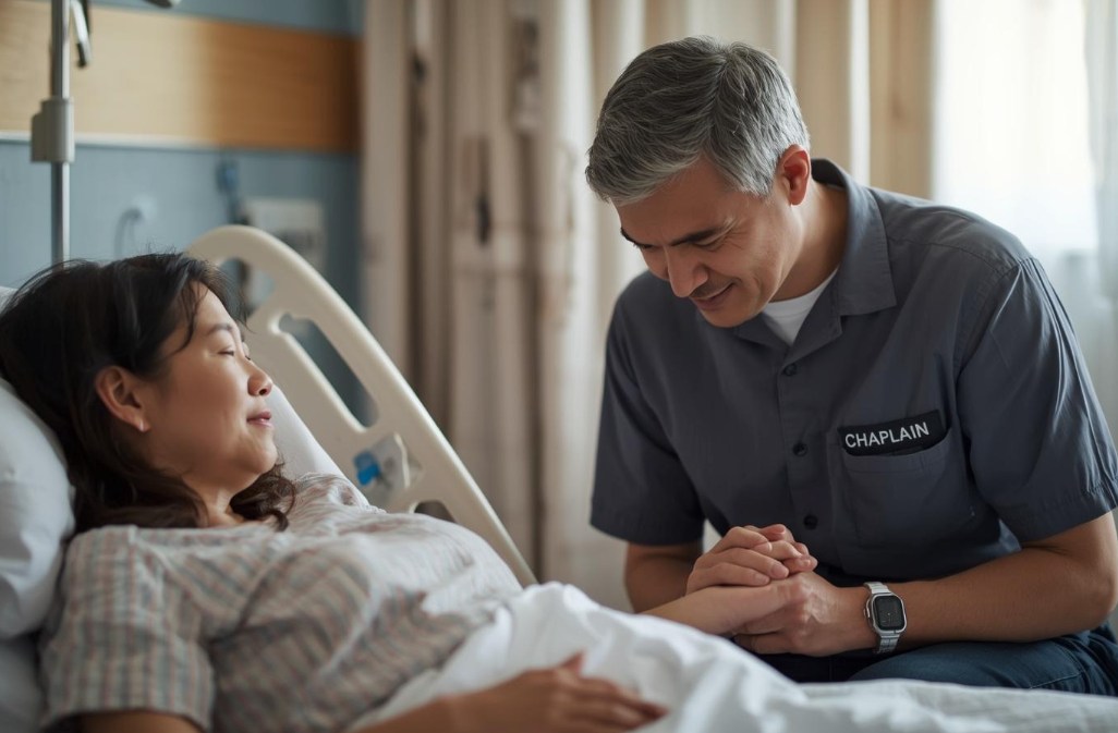 Hospital chaplain holding a patient’s hand in prayer at bedside, providing spiritual care and comfort in a hospital setting