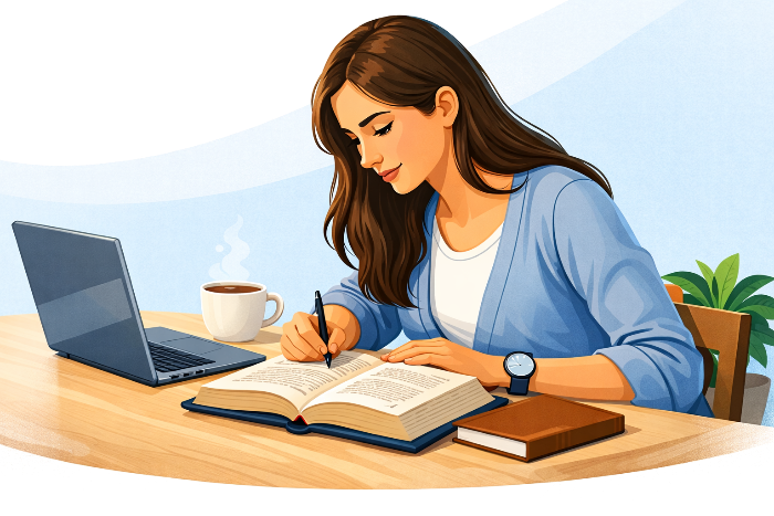 A woman taking free christian courses from their laptop