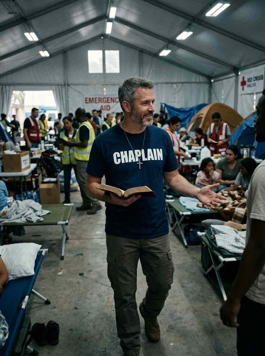 disaster response chaplain praying with Bible wearing chaplain shirt and cross necklace