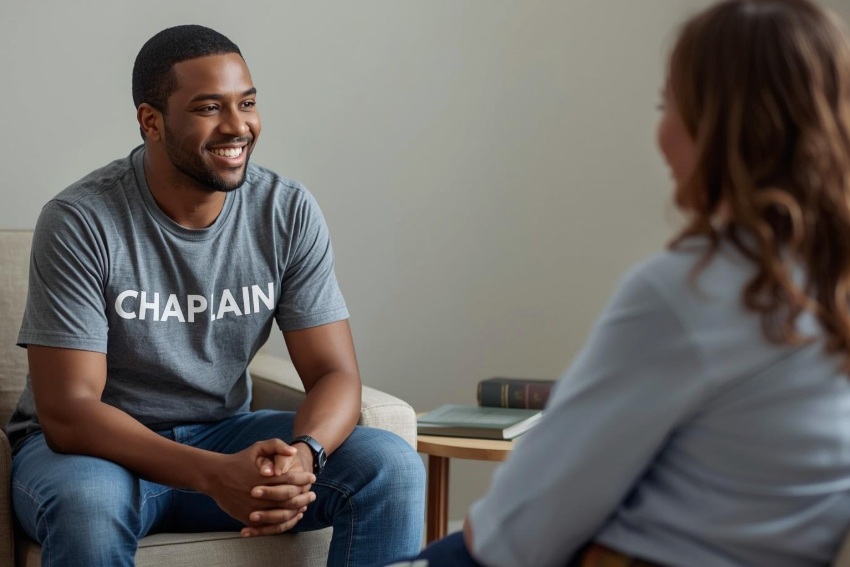 Chaplain wearing “CHAPLAIN” shirt sitting and smiling while talking with a woman in a counseling setting