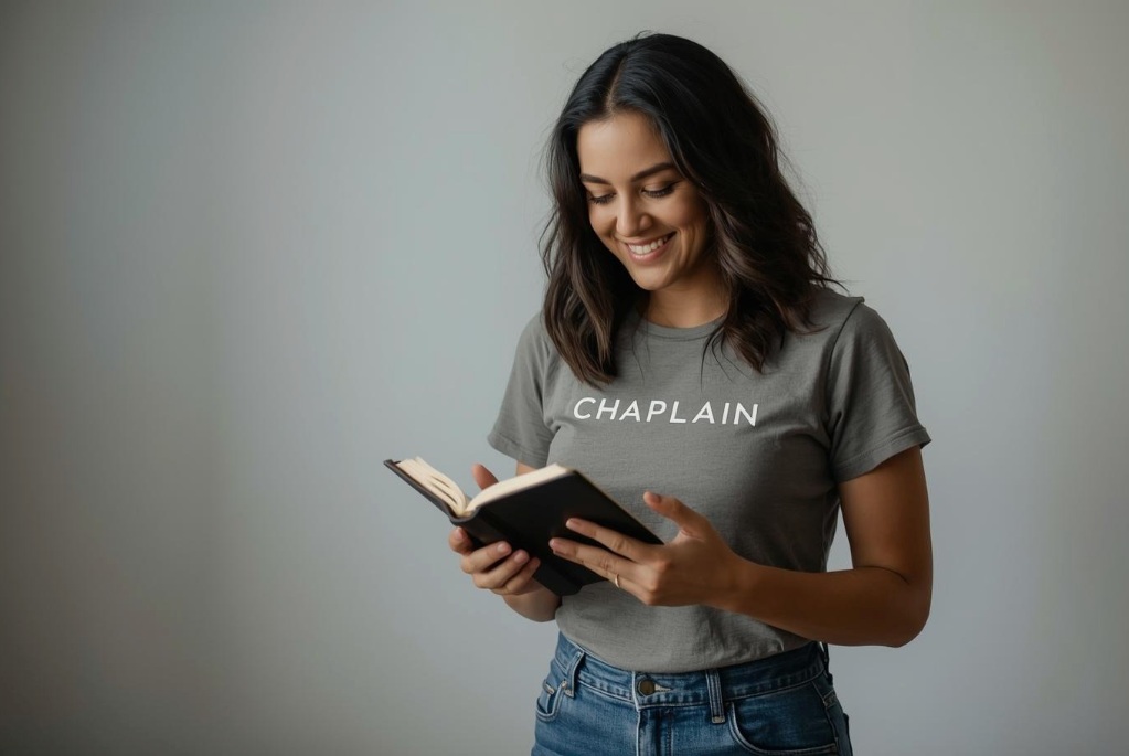 Female chaplain wearing “CHAPLAIN” shirt smiling while reading a Bible