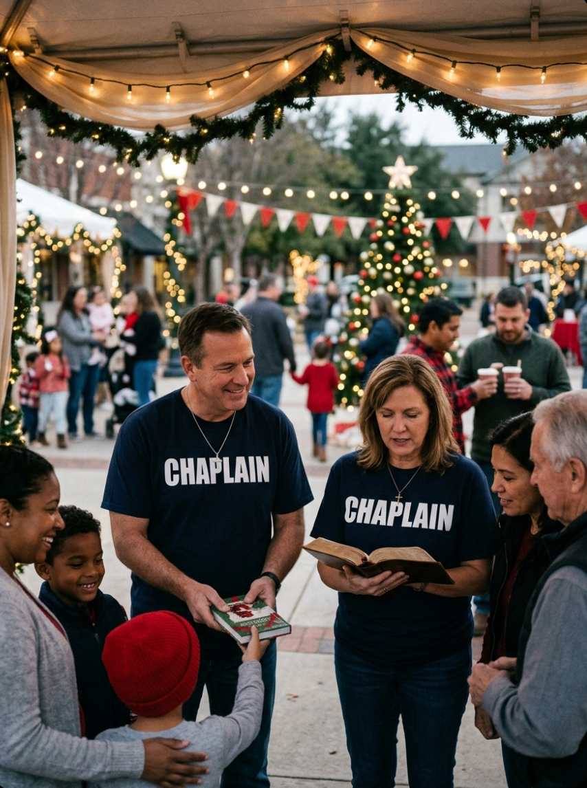 Male and female Christmas chaplains wearing “CHAPLAIN” shirts and cross necklaces reading from a Bible and encouraging families during a Christmas outreach ministry event.