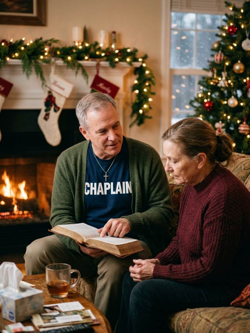 Male chaplain wearing a bold “CHAPLAIN” t-shirt and cross necklace sits with an individual in a cozy Christmas-decorated living room, reading from a Bible and offering pastoral counseling and spiritual encouragement beside a softly lit fireplace.