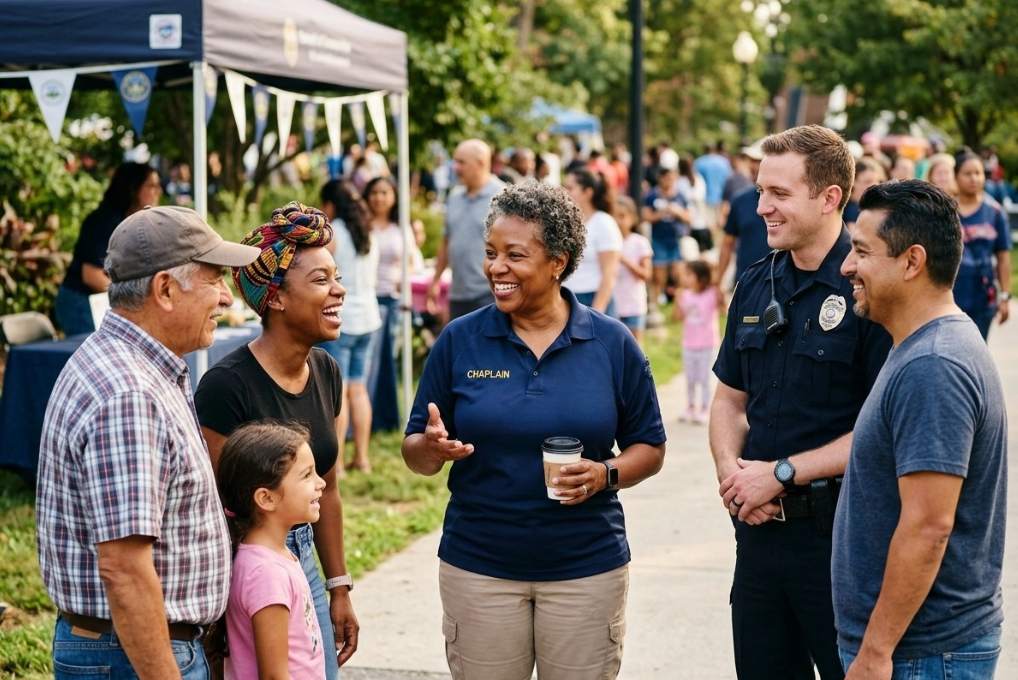 Police chaplain and officer engaging with community members at outdoor event during Free Police Chaplain Training Course