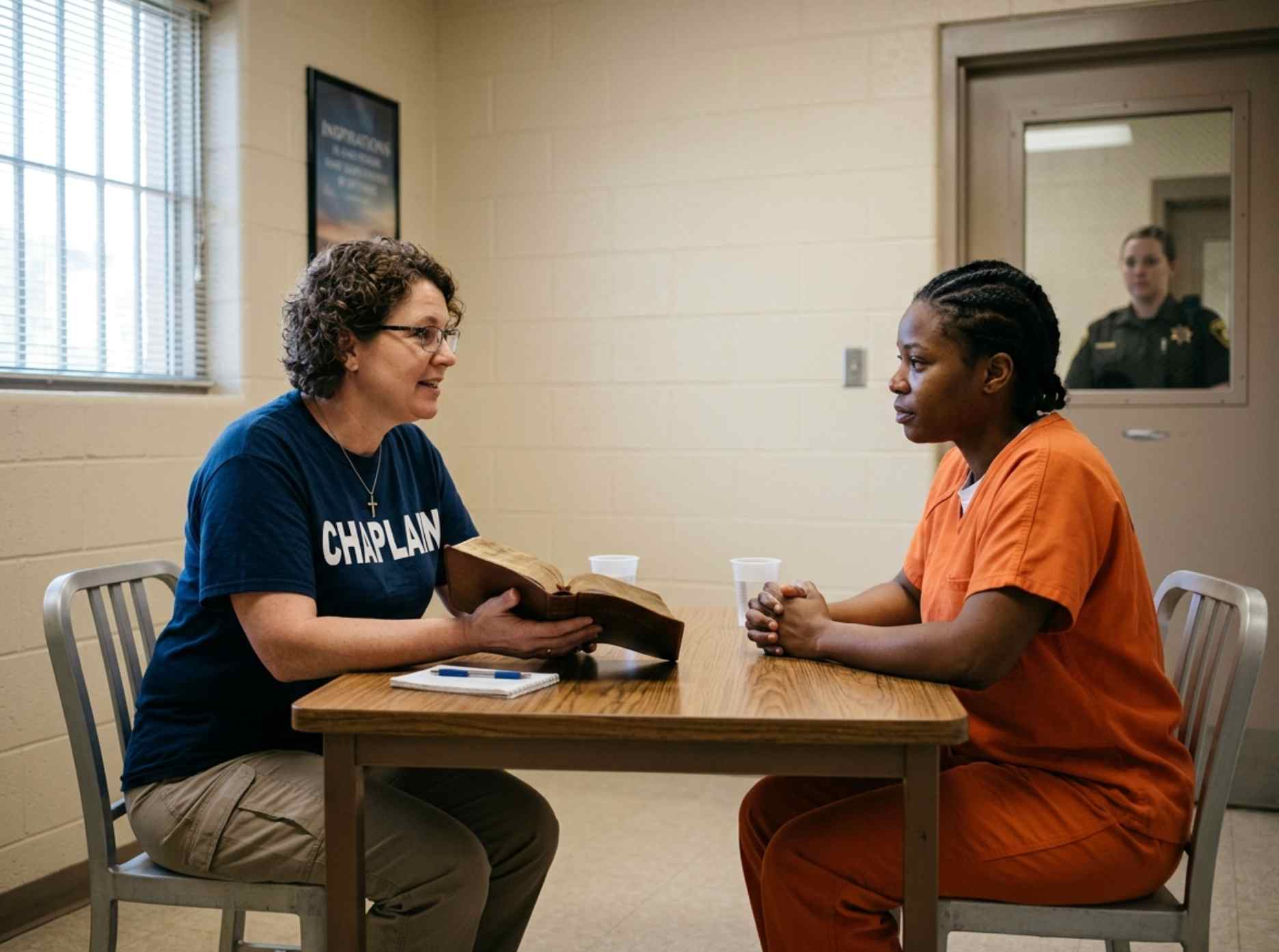 Female corrections chaplain holding a Bible while meeting with incarcerated woman in supervised counseling room.