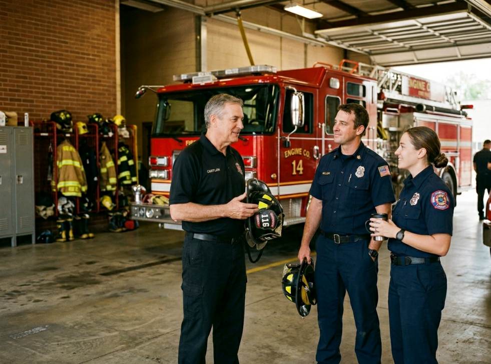 Fire EMS chaplain speaking with firefighters at station during Free Fire/EMS Chaplain Training