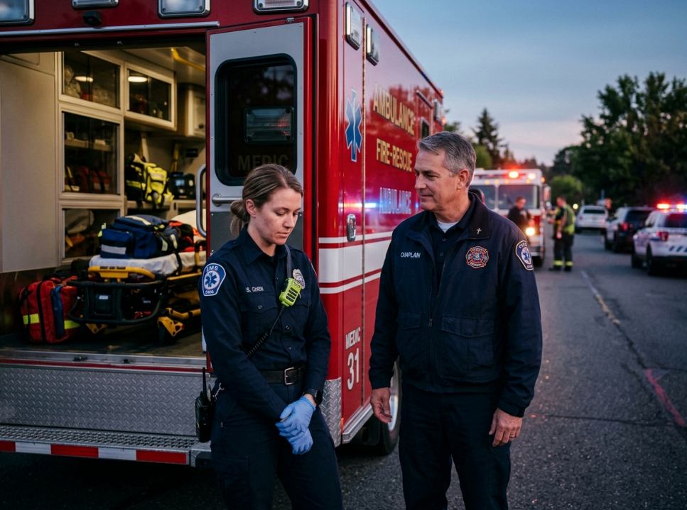 Fire EMS chaplain supporting paramedic at emergency scene during Free Fire/EMS Chaplain Training