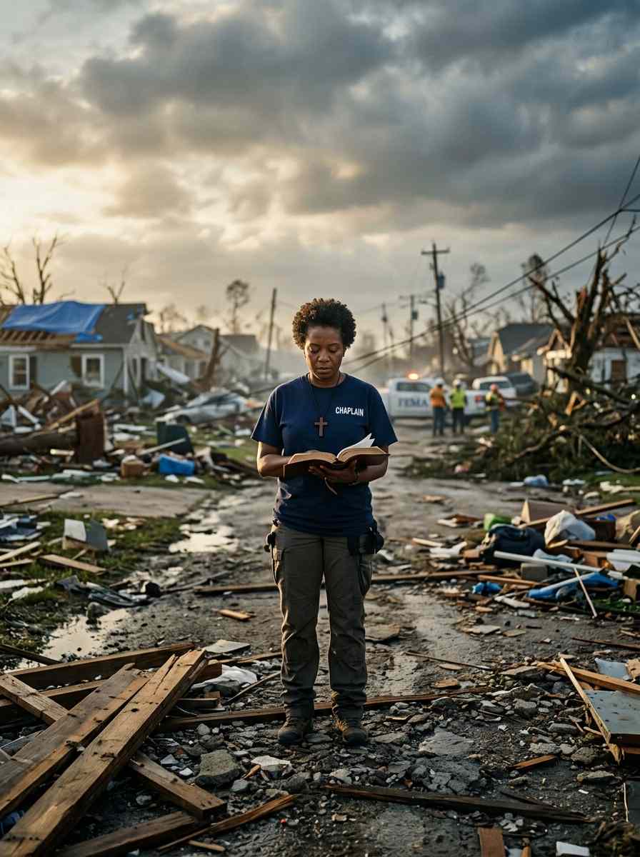 disaster chaplain supporting people in crisis holding Bible wearing chaplain shirt