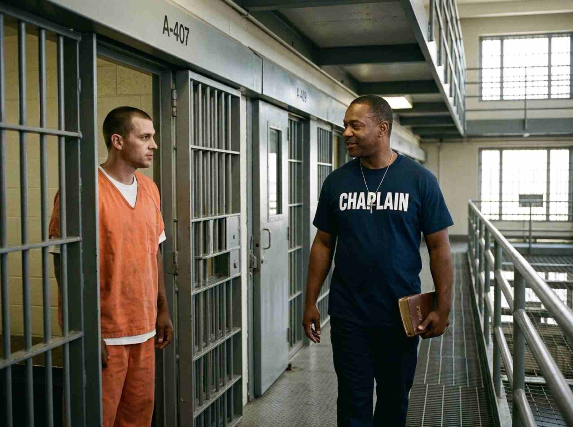 Black male corrections chaplain walking prison tier holding Bible and speaking with incarcerated man.