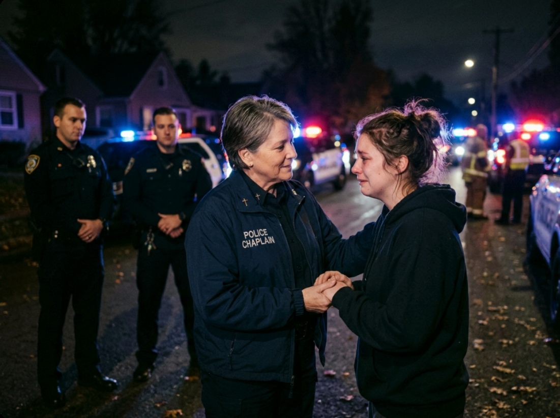 Police chaplain comforting grieving woman at night scene during Free Police Chaplain Training Course