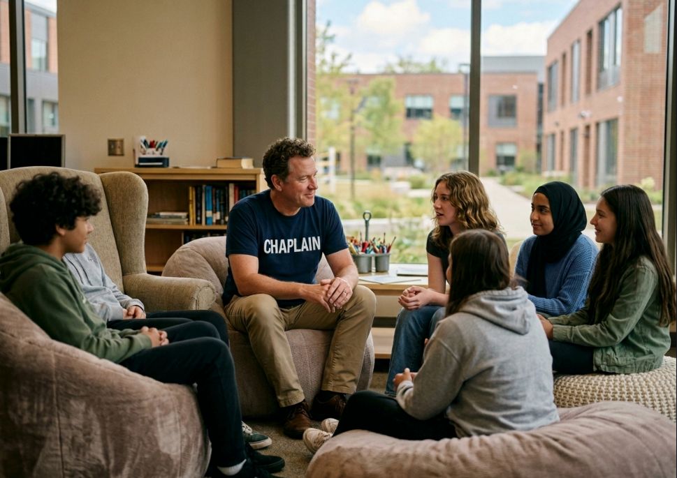 School chaplain seated with students in a casual group conversation, showing a calm and supportive presence.