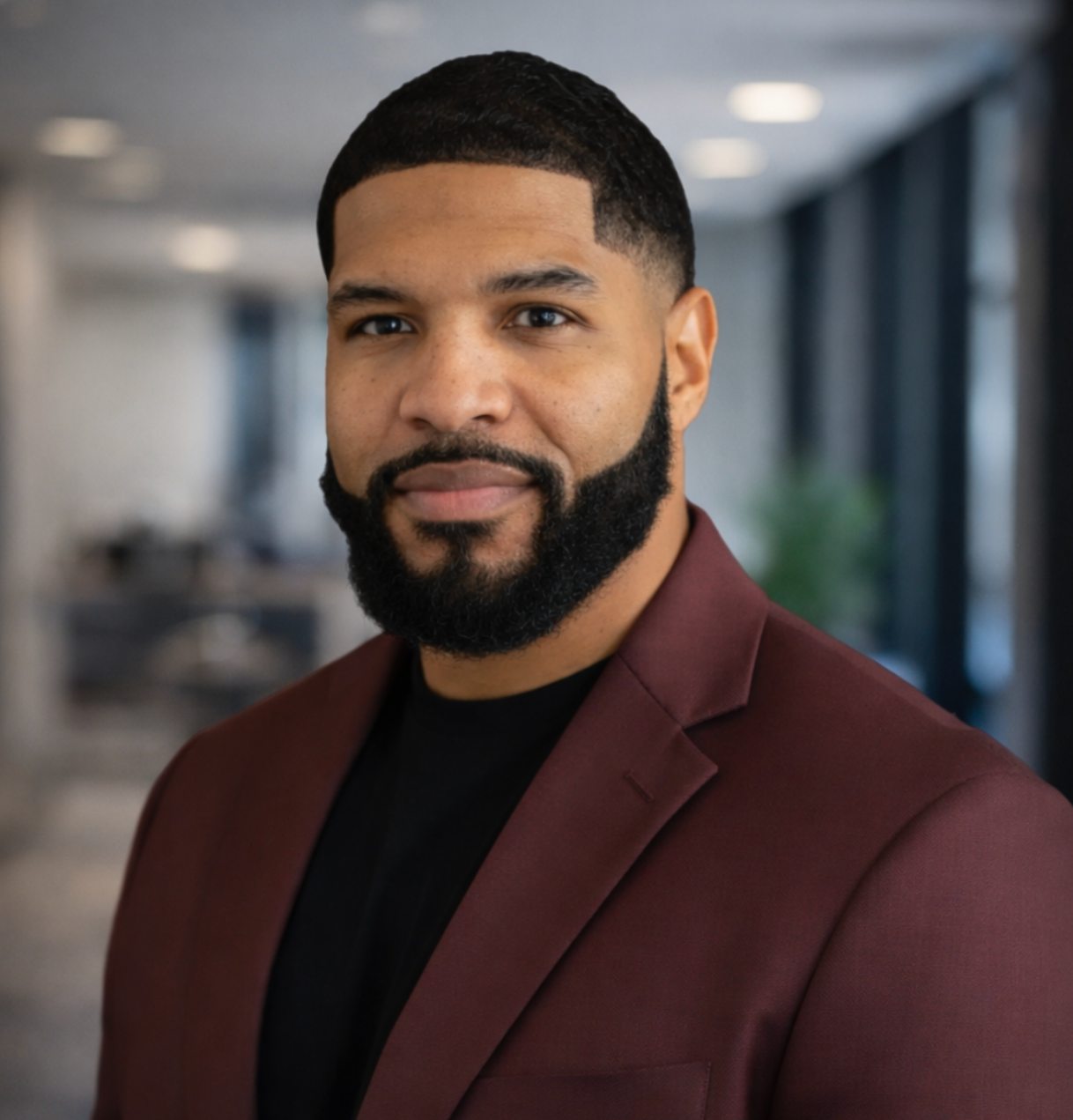 Professional headshot of a sports chaplain smiling confidently, wearing a burgundy blazer, representing leadership, mentorship, and faith-based support in sports ministry.