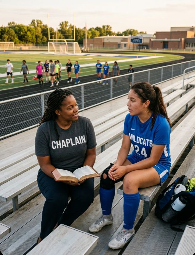 Female sports chaplain wearing a CHAPLAIN shirt sitting on bleachers beside a teenage female athlete after practice, holding a Bible while listening compassionately during a mentoring conversation on an athletic field.