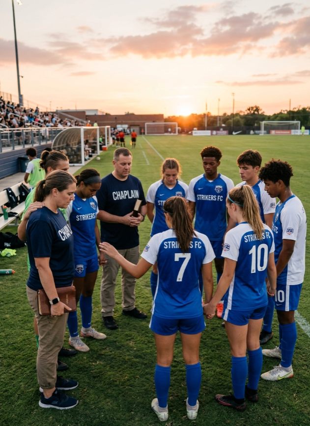 Male and female sports chaplains wearing CHAPLAIN shirts standing with a small group of athletes in a voluntary pre-game prayer circle on a soccer field at sunset, holding a Bible in a respectful and calm atmosphere.