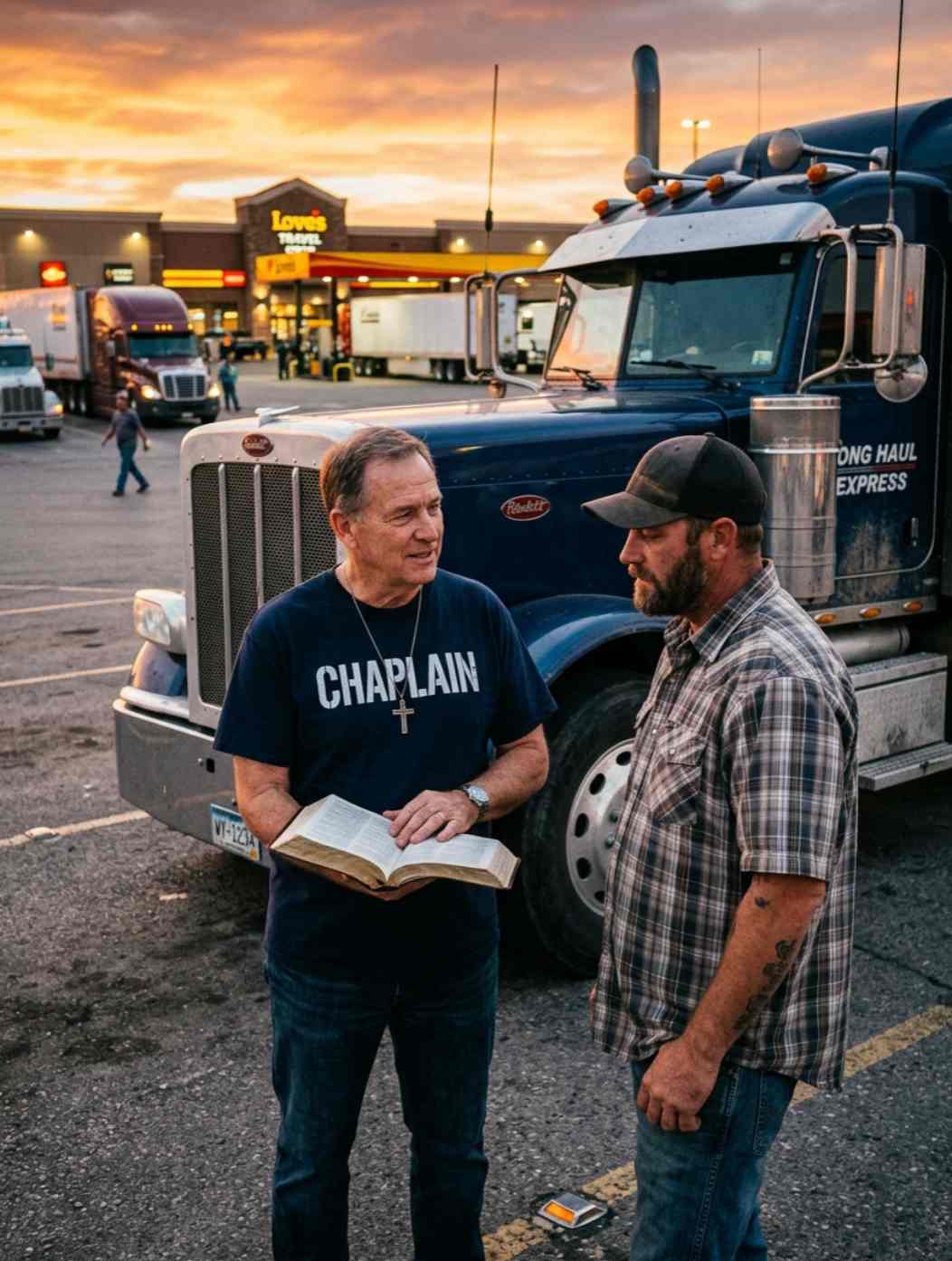 Male truck stop chaplain wearing a “CHAPLAIN” shirt and cross necklace holding a Bible while speaking with a truck driver beside a semi truck at a truck stop.
