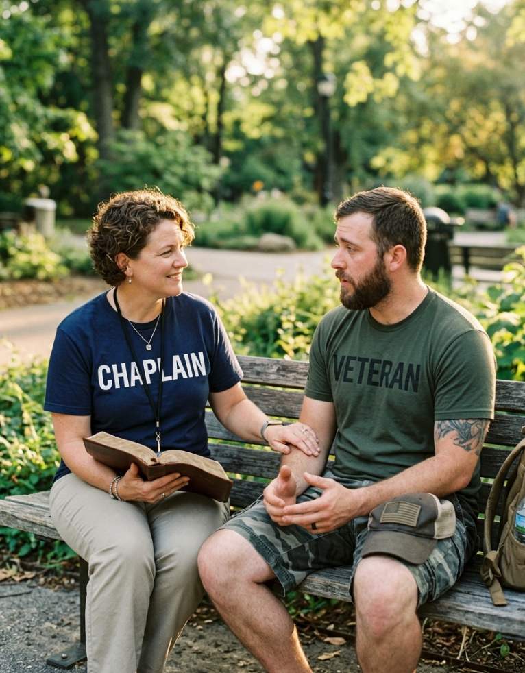 Female chaplain holding a Bible providing spiritual counseling and support to a military veteran on a park bench.