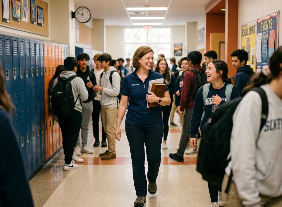 Public school chaplain walking calmly down a hallway, greeting students with a friendly and approachable presence.