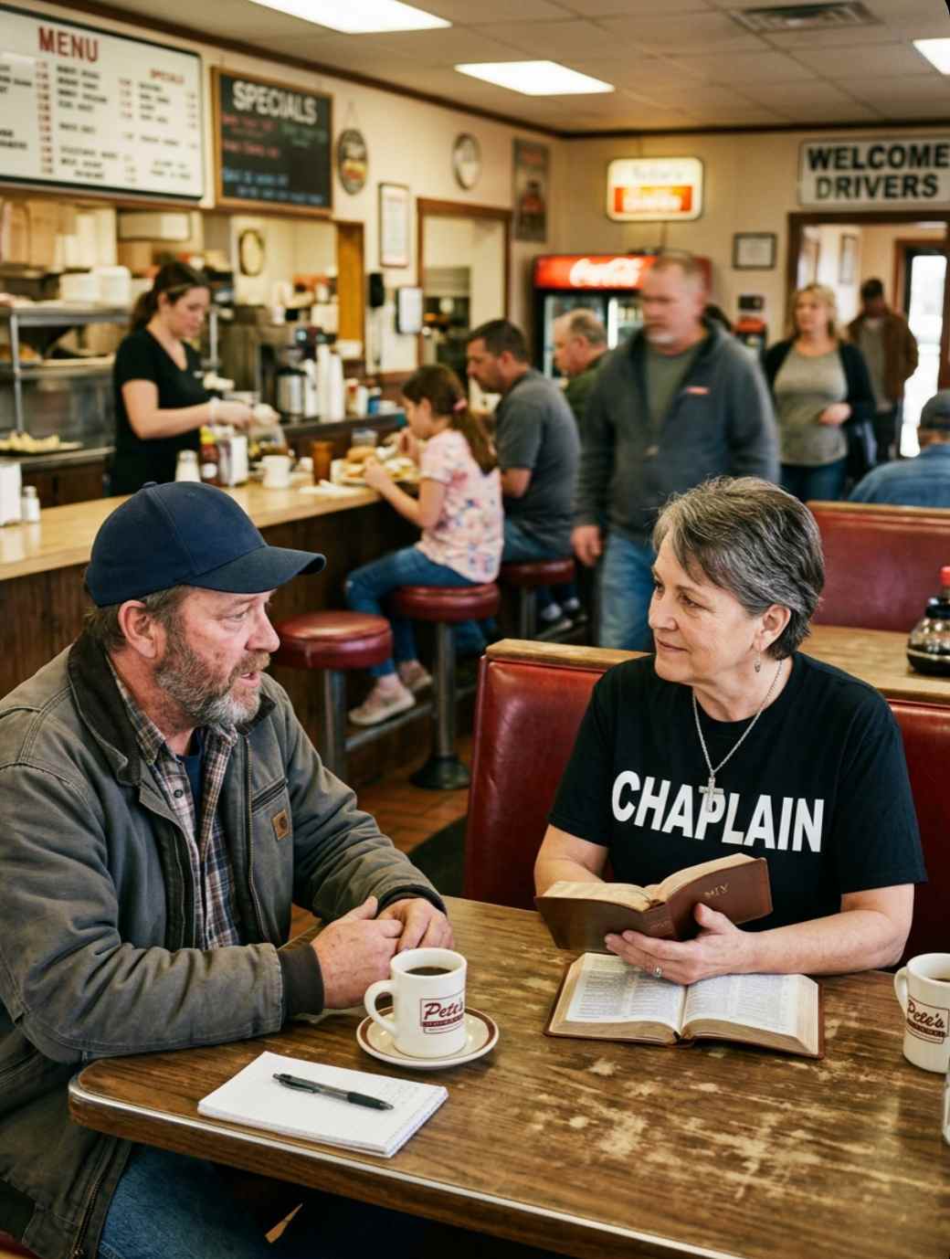 Female truck stop chaplain wearing a “CHAPLAIN” shirt and cross necklace reading a Bible while listening to a truck driver inside a truck stop diner during pastoral care conversation.