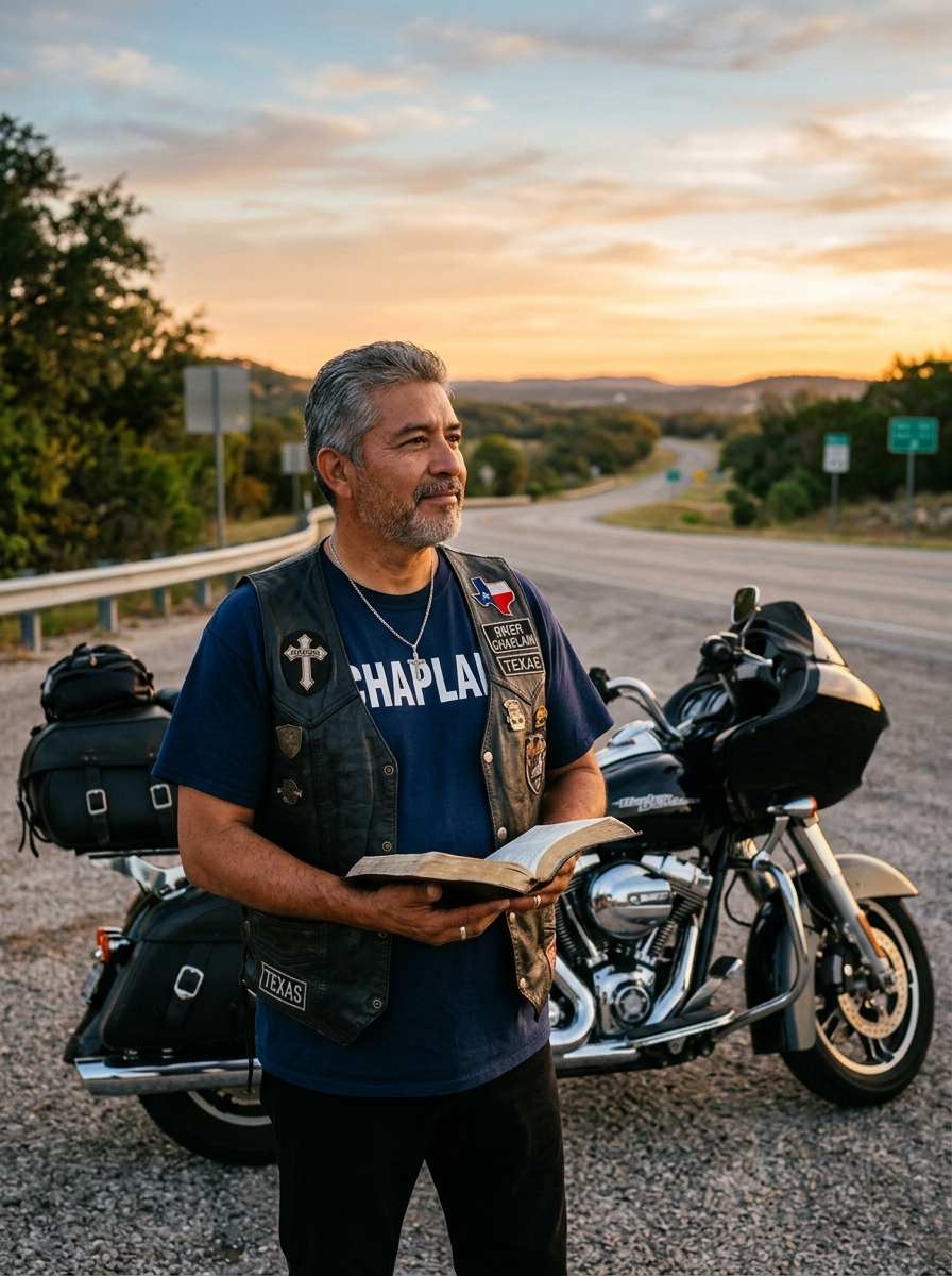 Motorcycle chaplain standing beside a motorcycle holding a Bible at sunrise