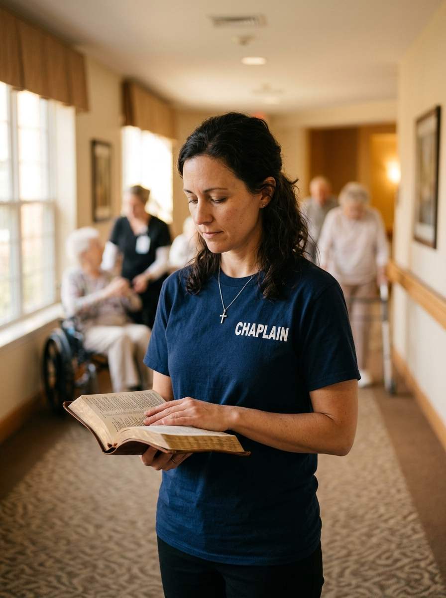 Female chaplain in nursing home hallway holding Bible and wearing chaplain shirt and cross necklace