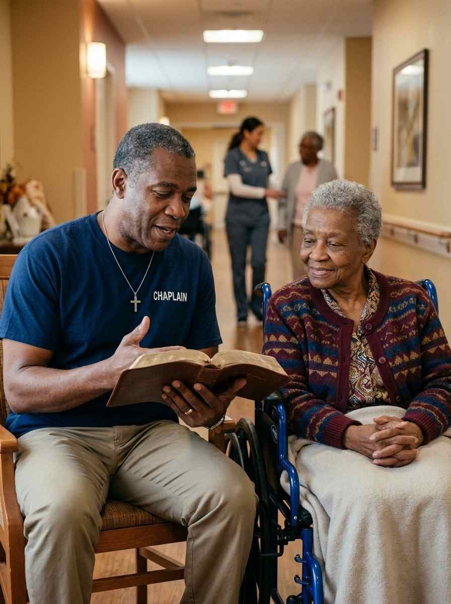 Male chaplain reading Bible to elderly resident in nursing home room