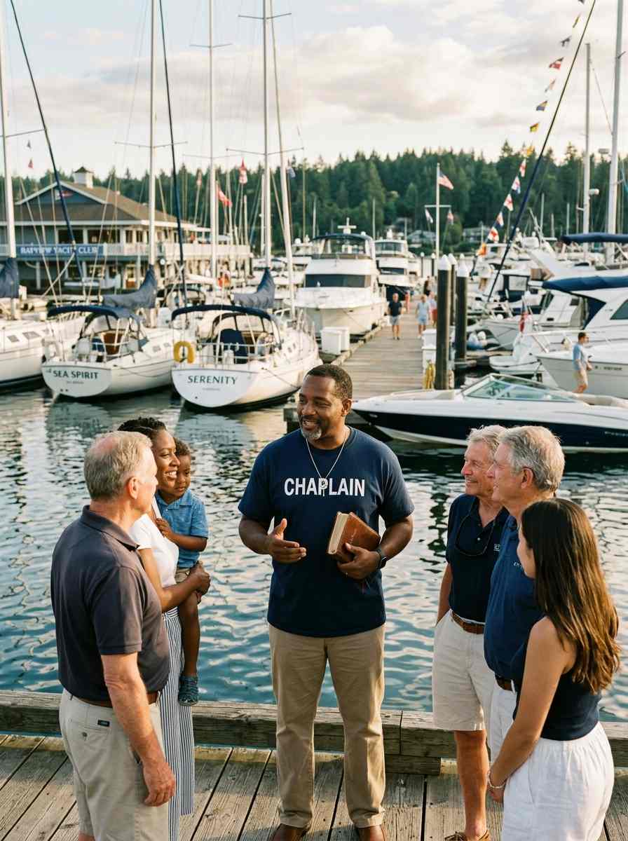 Male country club chaplain wearing a navy CHAPLAIN shirt holding a Bible while speaking with members at a marina dock.
