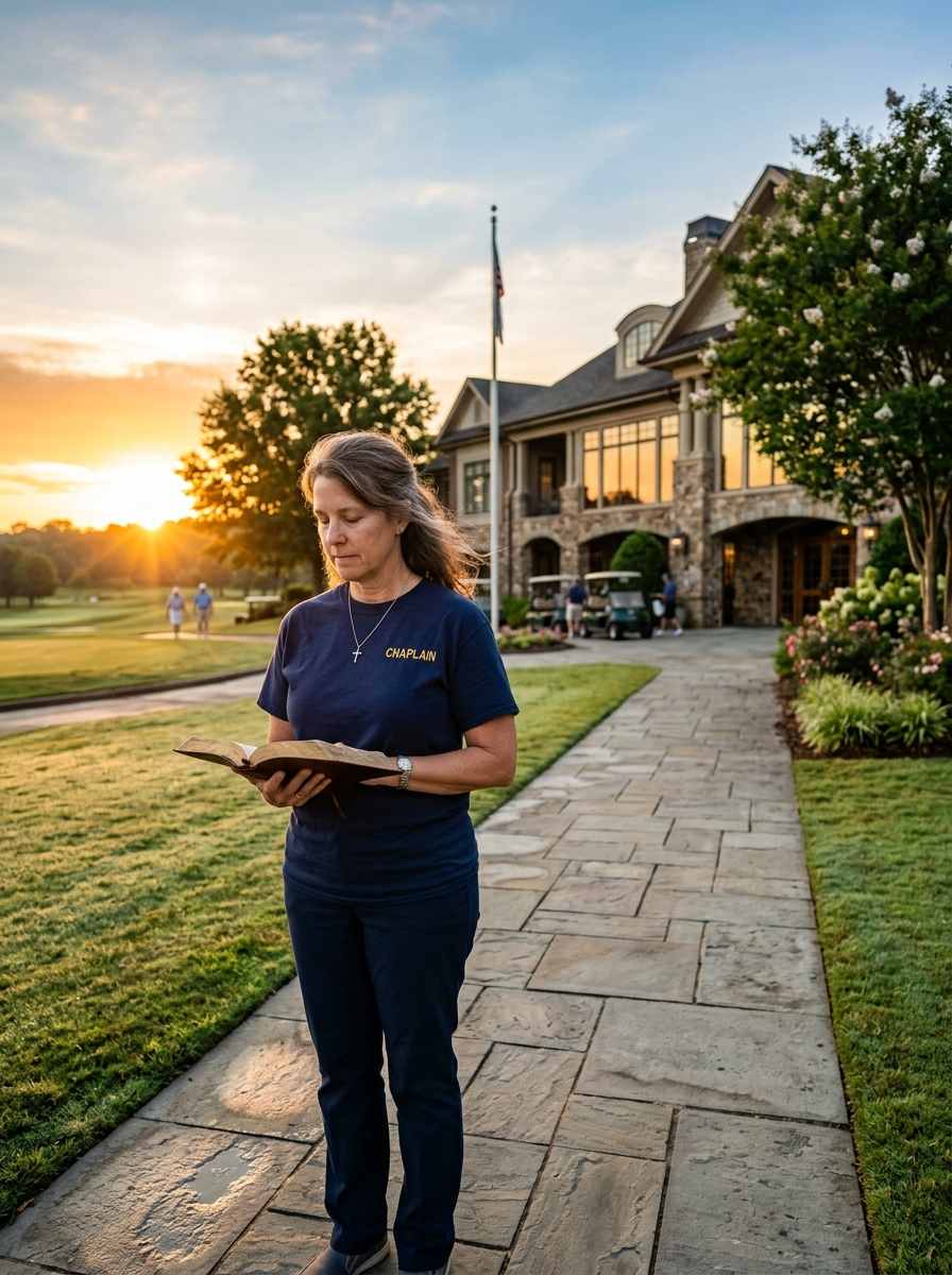 Female country club chaplain wearing a navy CHAPLAIN shirt and cross necklace holding a Bible outside a luxury clubhouse at sunrise.