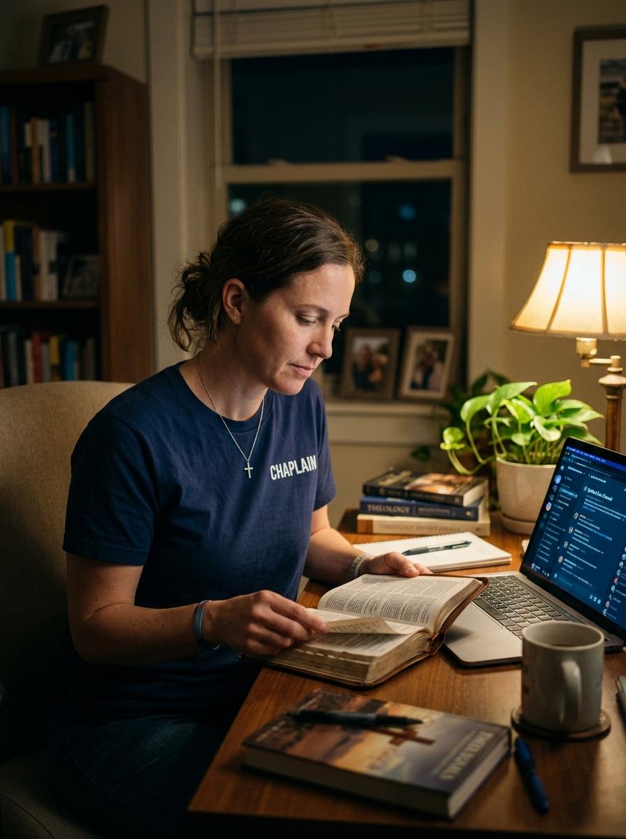 Female digital community chaplain wearing navy CHAPLAIN shirt, cross necklace, and holding a Bible while working at a computer in a calm online ministry setting