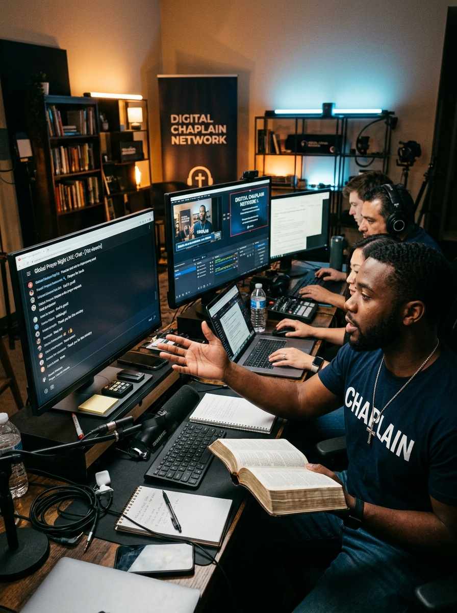 Diverse online ministry team with digital chaplain wearing navy CHAPLAIN shirt and cross necklace during livestream support meeting