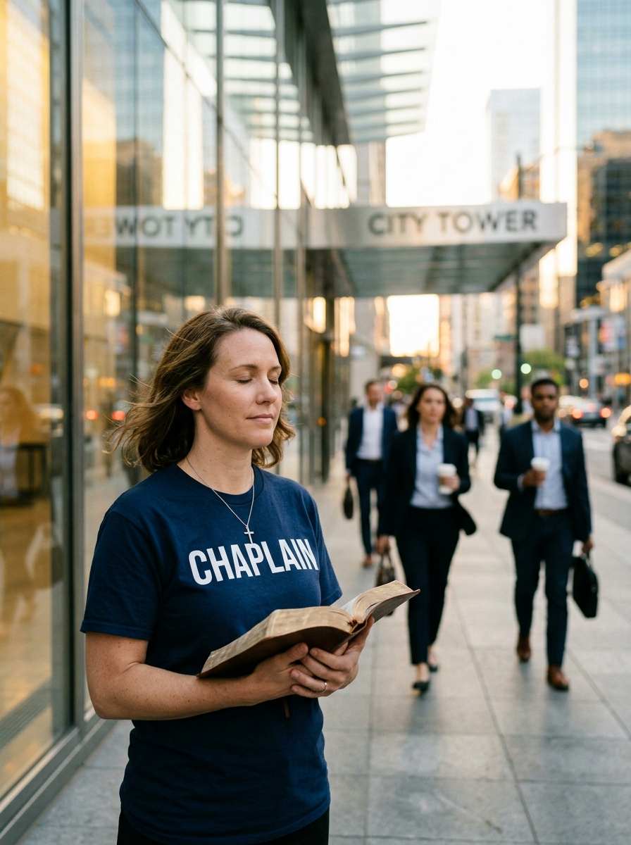 Female marketplace chaplain wearing a navy CHAPLAIN shirt, cross necklace, and holding a Bible while praying outside a business district at sunrise.