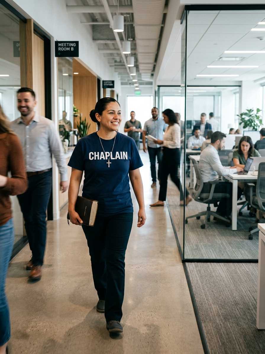 Female marketplace chaplain in a navy CHAPLAIN shirt carrying a Bible while walking through a busy workplace hallway.