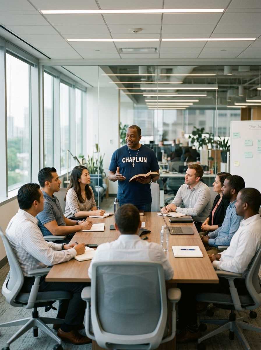Diverse group of workplace employees listening to a marketplace chaplain wearing a navy CHAPLAIN shirt and holding a Bible during a team gathering.