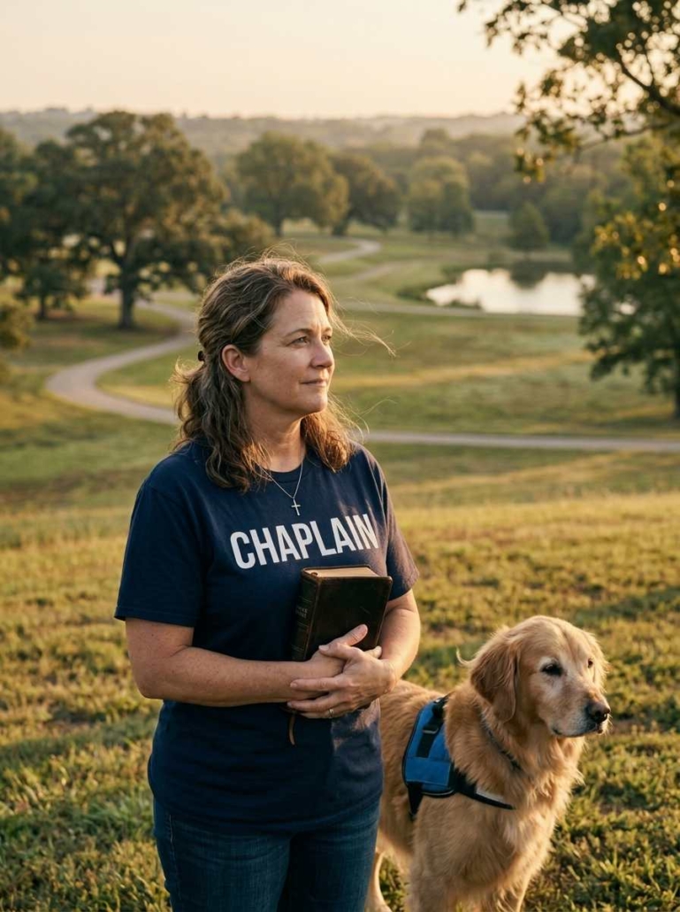 Female pet assisted chaplain praying with a therapy dog outdoors while holding a Bible