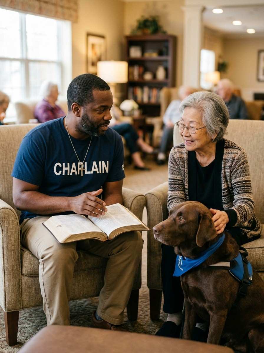 Male pet assisted chaplain visiting an elderly woman with a therapy dog in a nursing home